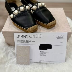 Jimmy Choo Black Leather Pearl-Embellished Espadrille Loafers